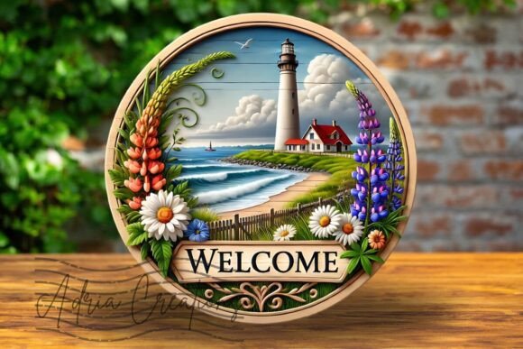 3D Lighthouse Round Welcome Sign: A Versatile Digital Design for Coastal Decor